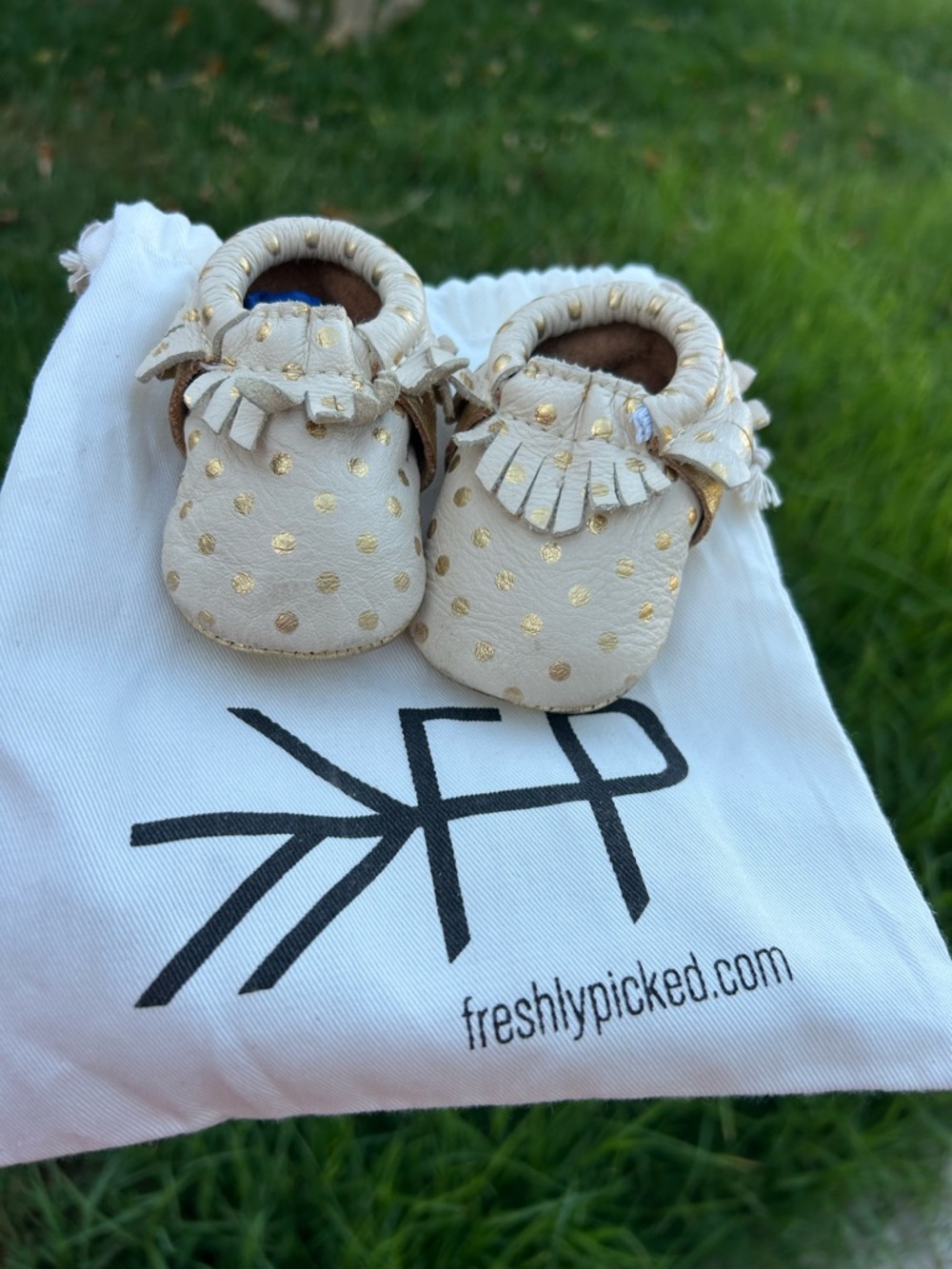 Freshly Picked Cream Moccasins with Gold Polka Dots